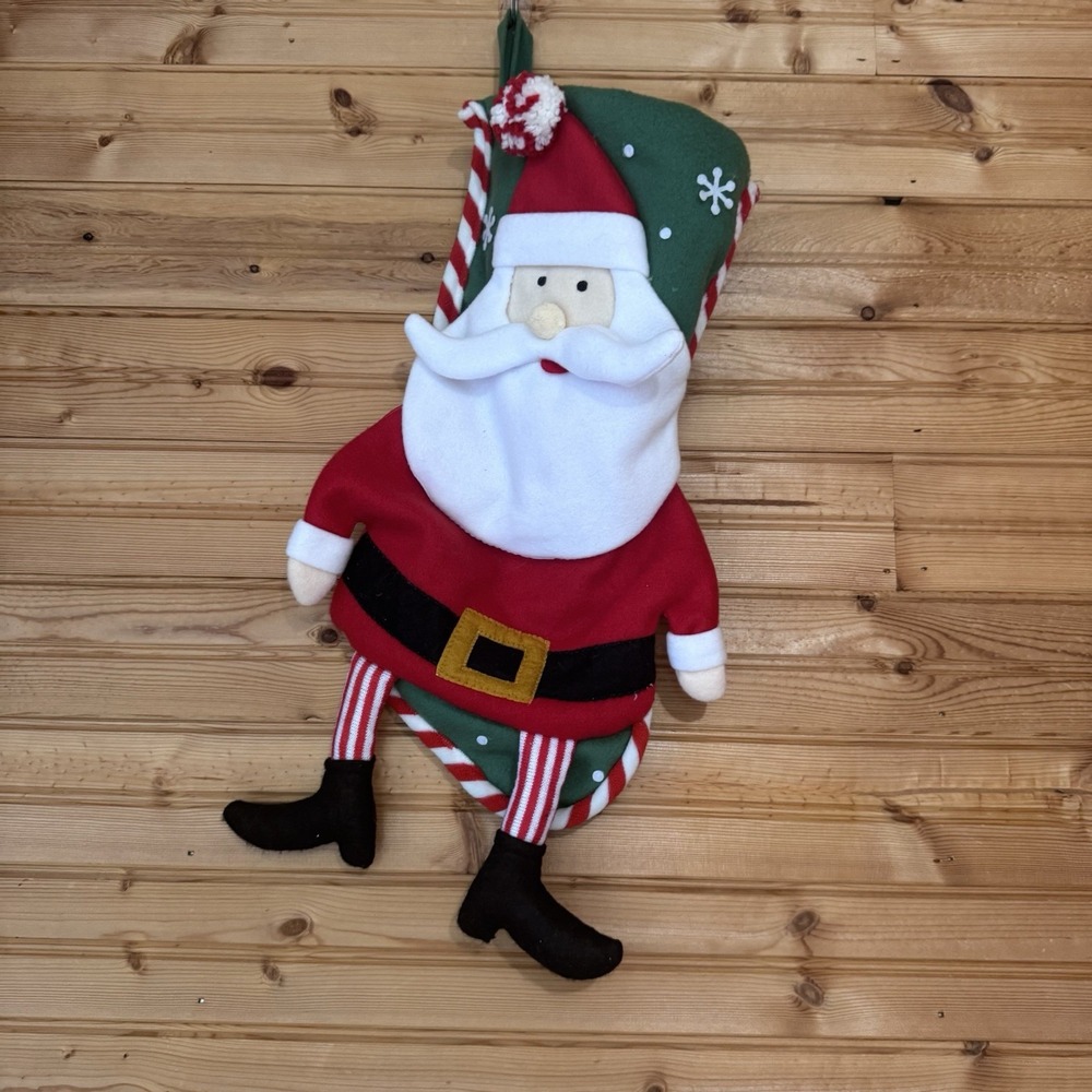 Christmas Stocking Santa Dangly Legs Holiday Mantle Fireplace Green Red Presents